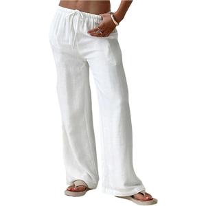 Verdusa Women's Straight Leg Casual Linen Palazzo Pants Spring Outfits Long Trousers with Pockets Large