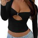 FAIMILORY Women's Trendy Holiday Long Sleeve Sweetheart Neck Going Out Crop Tops Cute y2k T Shirts Slim Fitted Corset (Black, S)