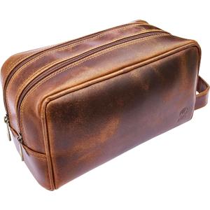 RUSTIC TOWN Leather Toiletry Bag for Men - Travel Shaving Ditty Kit - Bathroom Shower Toiletries Organizer - Leather Cosmetic Bag for Women (Antique Brown)