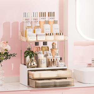 Bathroom Counter Organizer, 2-Tier 2-Drawer Makeup Organizer Countertop, Easy to Install, Ideal for Bathroom Storage, Vanity, Perfume, Large Skincare Items, Present, and More, Amber