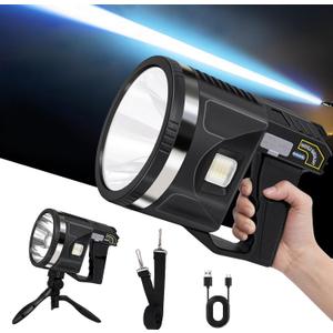 Spotlight 1000000 Lumens, 6 Modes Super Bright LED Rechargeable Spotlight Flashlight with Cob Light, Tripod, Strap, 24000mAh 25Hrs IPX7 Waterproof Spot Lights Outdoor Handheld for Boating, XXL