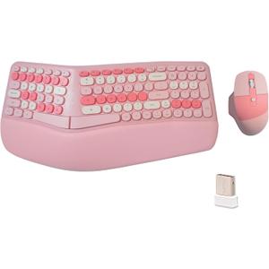 Wireless Ergonomic Keyboard and Mouse Combo with PU Wrist Rest, Carpal Tunnel Keyboard, 2.4G Colorful Split Ergo Keyboard, Comfortable Natural Typing, Compatible with PC/Laptop (Pink)