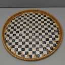 Round Rattan Tray with Mother of Pearl Inlay, Rattan Serving Tray for Coffee, Bread, Fruits, Decorative Wicker Tray for Table Decor, Home Decor, Kitchen Island Decor(Black Checkerboard, 11.8")