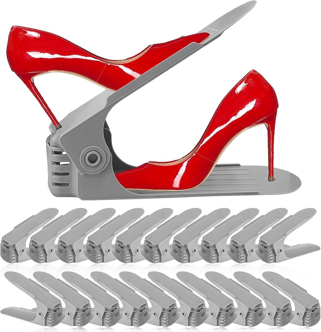 NVGSN Shoe Slots Organizer 20 Pack - Shoe Stackers for a Pair of Shoes, Shoe Storage Shoe Space Savers 50%, 4 Levels Adjustable Thickening expandable Shoe Rack Holders Shoe Organizer for Closet, Grey