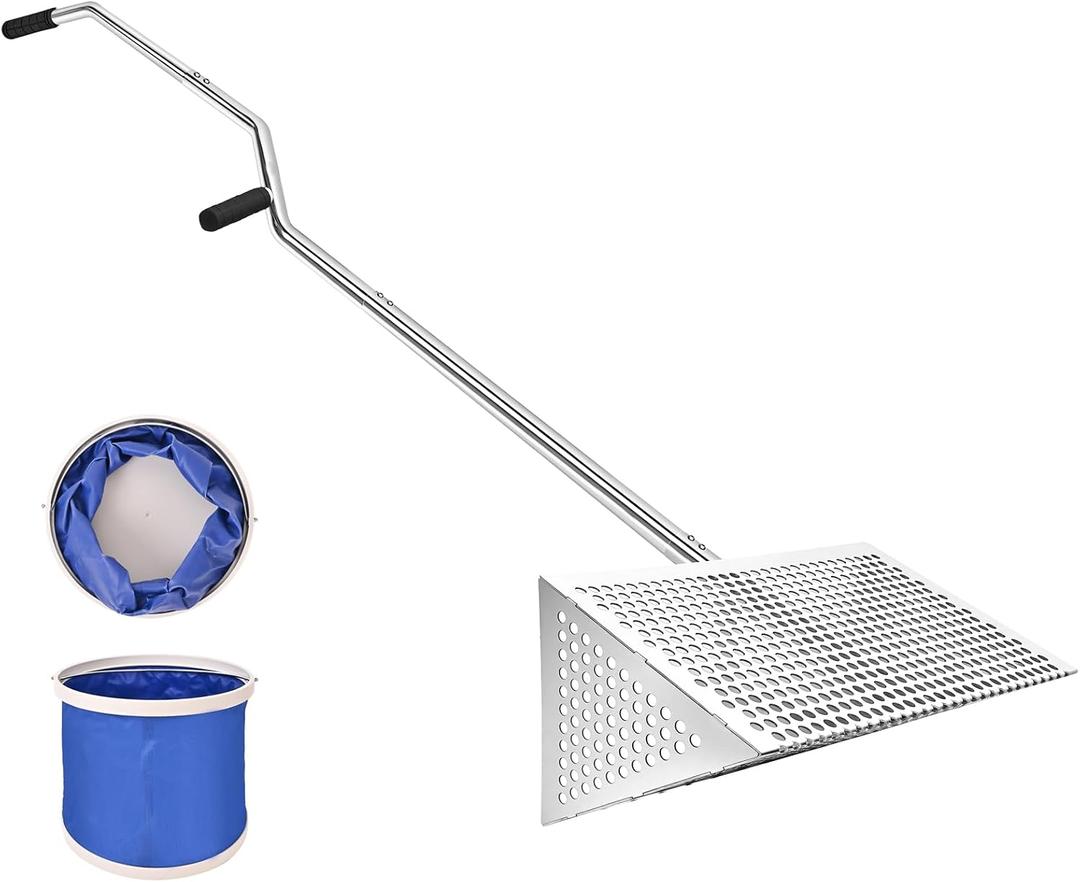 Sea Flea Rake for Beach - Premium 304 Stainless Steel Sand Sifter w 48'' Ergonomic Curved Long Handle, Beach Sifter w Large Basket w Curved Teeth, Sand Crab Catcher for Shark Teeth, Shells