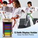12 Belts Karate Belt Display Rack with Personalized Stickers, Taekwondo Belt Display Holder with Bamboo Trophy Rack, Felt Martial Arts Belts Display Holder for Taekwondo Karate BJJ Gifts
