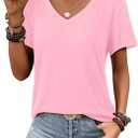 ATHMILE Womens V Neck Short Sleeve Summer T Shirts Curved Hem Plain Top Beach, S