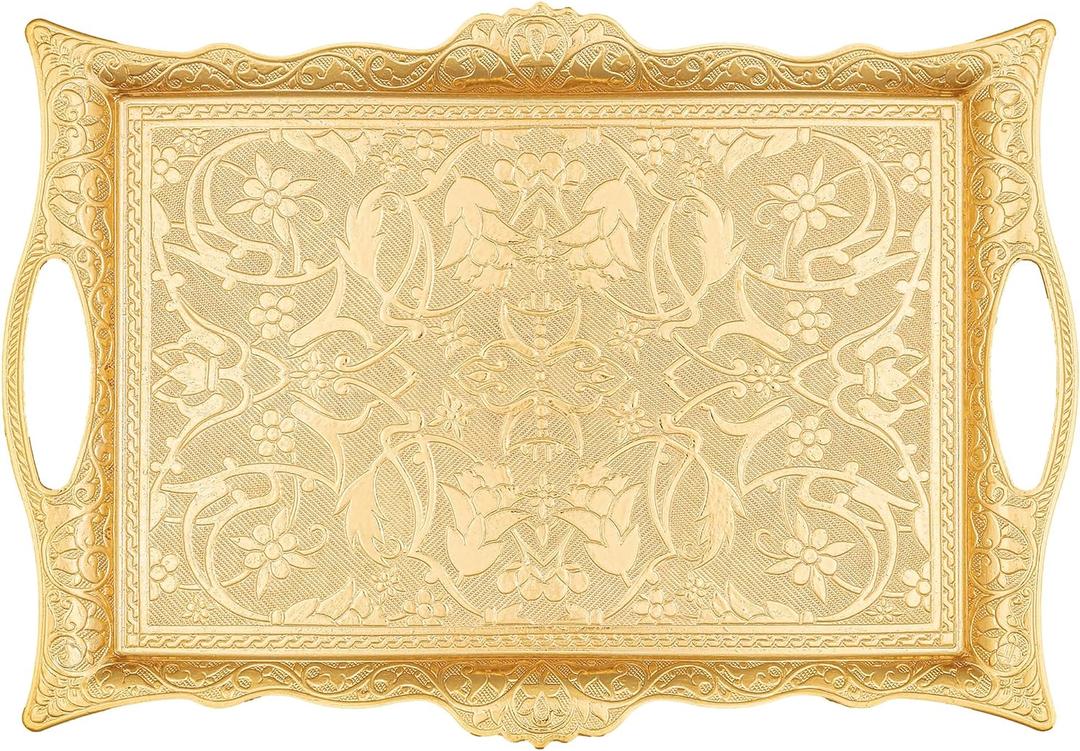 Alisveristime Ottoman Turkish Zamak Serving Tray with Traditional Motifs, Ideal for Coffee and Tea - Six Person Tray (14.5 x 9.85 in) (Gold)