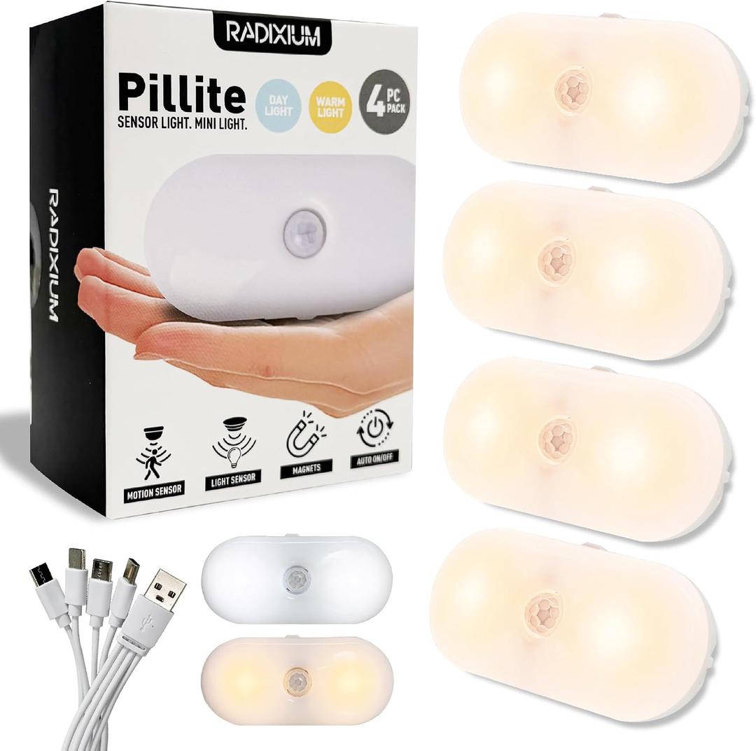 Rechargeable Motion Sensor Night Light, 2-Color White & Warm Toilet Light with Auto/On Mode, Magnetic & Adhesive Installation for Bathroom, Bedroom, Hallway (4 Pack)