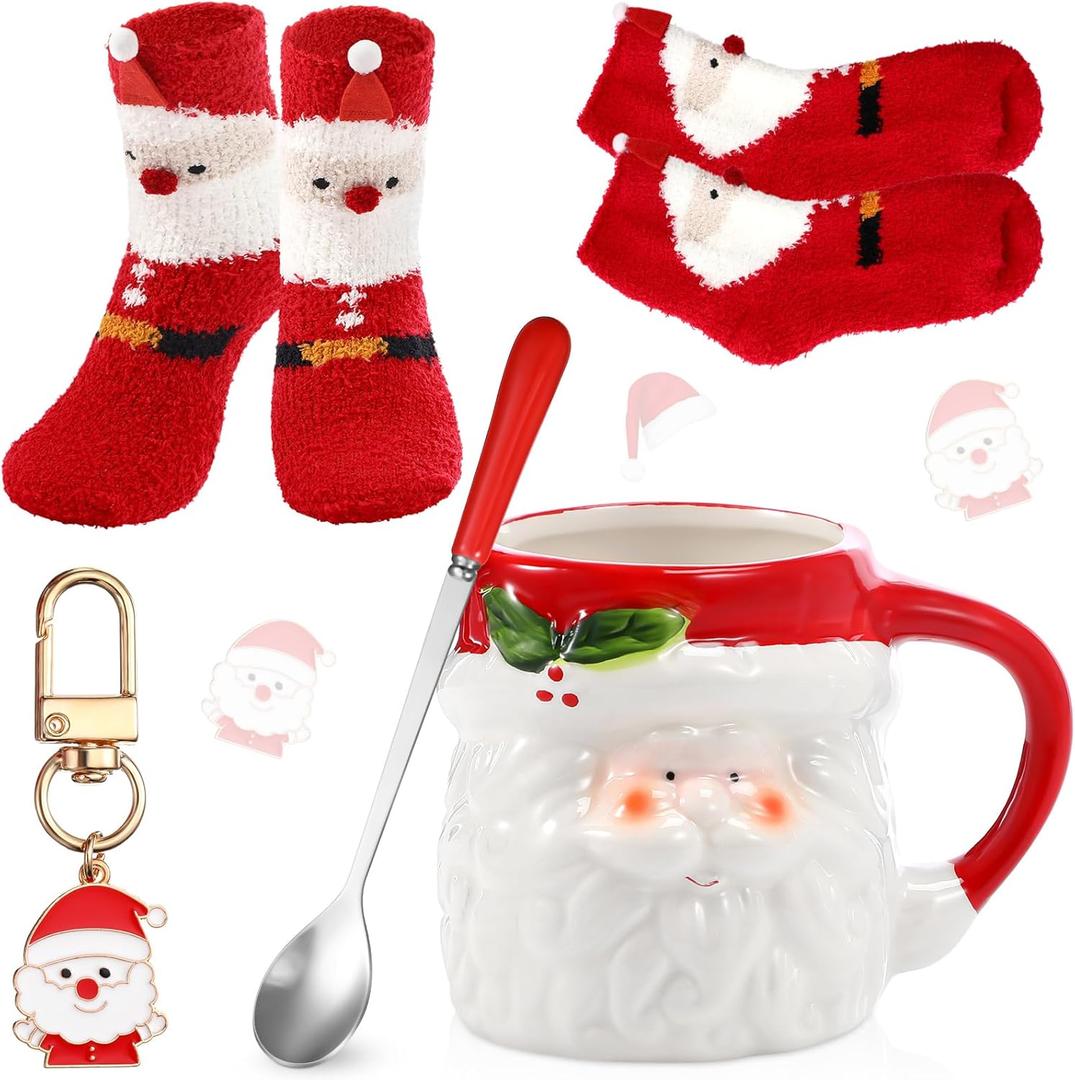Sliner 4 Pcs Santa Mug Gifts Set Include Christmas Coffee Mugs 17 oz with Red Spoons Funny Winter Fuzzy Socks Mini Santa Claus Keychains Hot Chocolate Cup for Women Men Xmas Holiday Birthday Gifts