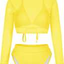 Kisscynest Women's 3 Pieces Swimsuit with Long Sleeve Mesh Shirt Coverup (Large, Yellow)