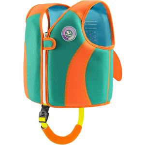 Pottwal Swim Vest for Kids - Swim Jacket for 1-2 Years (24-33LBS) - Buoyancy Aid Made of Neoprene & EPE - with Adjustable Crotch Strap (Small, Orange Green)