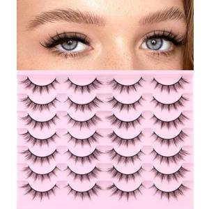 False Lashes Natural Look Wispy Eyelashes Manga Korean Spiky 16mm Short Faux Mink Eyelashes Cat Eye Natural Fake Eyelashes Strip Lashes Pack 14 Pairs