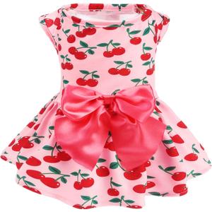PUPTECK Print Dog Dress Pet Apparel with Cute Bowtie Puppy Clothes Outfit, Cherry, S
