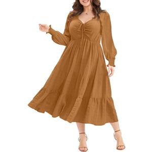 Eytino Plus Size Dress for Women Sweetheart Neck Long Sleeve Ruffle Long Maxi Dresses,2X Khaki