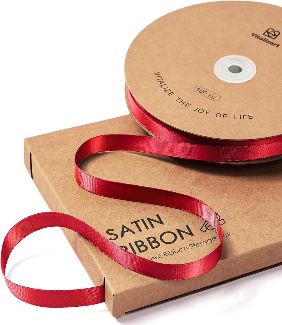 Vitalizart Red Satin Ribbon 3/8 x 100 Yards Ribbon for Gift Wrapping Hair Craft Party Decoration Flower Bouquet Wedding Double Face