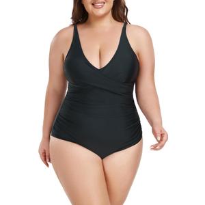 Ocean Blues Women's Plus Size Tummy Control One Piece Bathing Suit Punging Neckline One Piece Swimsuit Ruched Swimwear (XX-Large Plus, Black)