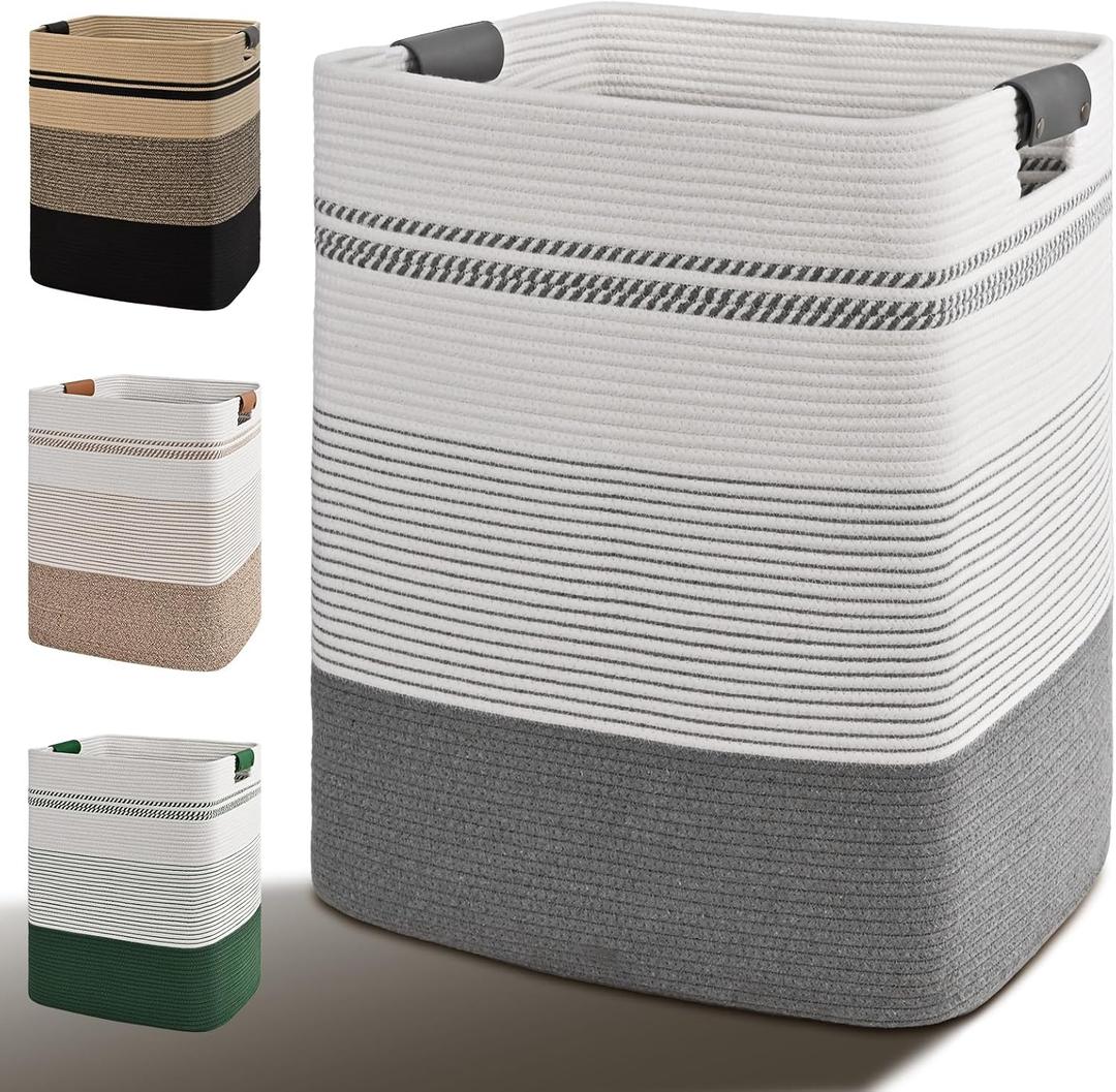 Laundry Hamper, 95L Tall Laundry Basket with Leather Handles, Rectangle Large Clothes Hamper for Organizing, Cotton Woven Laundry Baskets Storage Hampers for Bedroom, Nursery, Living Room (Grey)