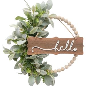 Green Wreath for Front Door, Wood Bead Wreaths with Artificial Lambs Ears Leaves, Hello and Welcome Door Sign Wreath for Home Decor, Spring Summer Green Leaf for Wedding Decor
