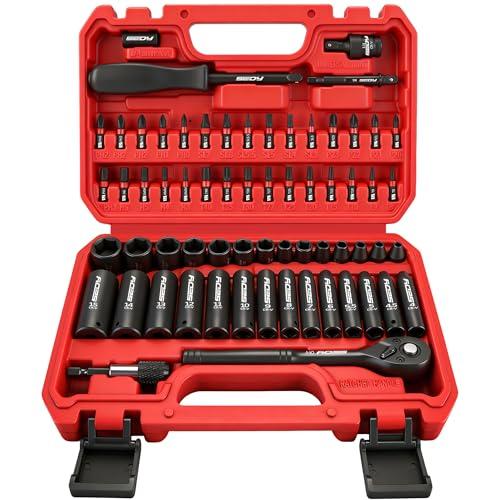 64-Piece 1/4" Drive Impact Socket Wrench Driver-Bits Set, Cr-V Metric&SAE Deep and Shallow Socket Set, S2 Power Bits with Quick-Release Ratchet Handle, Universal Joint, Bit Holder, Power Drill Adapter