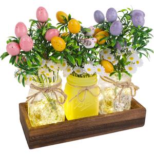 DR.DUDU Easter Decorations for Home, Easter Table Centerpiece with Egg Picks in Glass Vases, Wood Tray & Led Lights with Timer, Spring Decor for Home, Set of 3