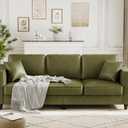 Faux Leather Couch with 2 Throw Pillows, Sofa Couches for Living Room, 3 Seater Sofa with Wide Armrests, Wood Legs, Deep Seats, Back Cushion, Sturdy Support Feet, for Office, Living Room, Olive Green