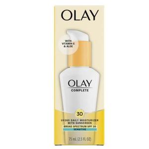Olay Face Moisturizer, Complete with Sunscreen SPF 30, Fragrance-Free for Sensistive Skin, Broad Spectrum Sun Protection, Long-Lasting Hydration, Non-Comedogenic - Vitamin E & Aloe - 2.5 Oz