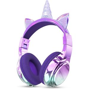 QearFun Kids Unicorn Bluetooth Headphones, 60H Playtime, 74/85/94dB Safe Volume Limit, Metallic Gradient Wireless Headset with Mic, Fast Charging, Foldable, Wired Mode for Girls School/Tablet/Travel