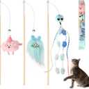 Elastic Cat Wand Toy Funny Interactive Plush Cat Fishing Pole Toy with Bell Soft Natural Wood Kitten Teaser Wand for Indoor Cats Kittens Bored Cats (3 Pack)