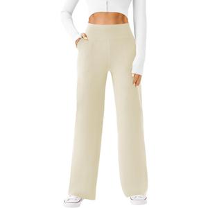 Womens Wide Leg Yoga Pants Casual Work Dress Pants Lounge Sweatpants High Waist Comfy Loose Trousers with Pockets (Medium, Khaki)