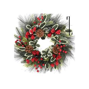 24 Inch Christmas Wreath, Xmas Wreath for Front Door with Hanger, Farmhouse Rattan Base Christmas Decor with Red Berry Pine Cone Spruce, Artificial Wreath Christmas Decorations for Indoor Outdoor Use