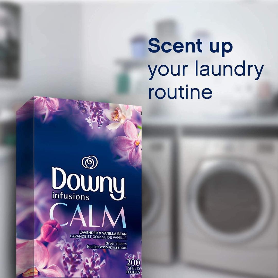 Downy Infusions Mega Dryer Sheets, Laundry Fabric Softener, CALM, Lavender and Vanilla Bean, 120 Count (2 box of 60 sheets)