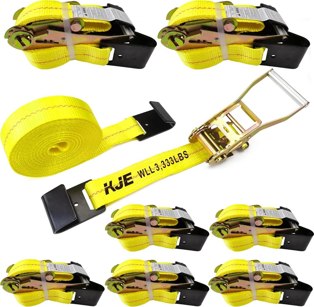 KJE 8 Pack Flat Hook Ratchet Straps, 2" x 27' Heavy Duty Tie Down Ratcheting Strap, 10,000 Lbs Max Break Strength, Cargo Straps for Flatbed, Truck, Trailers Pickup, 2" x 27' -8Pcs