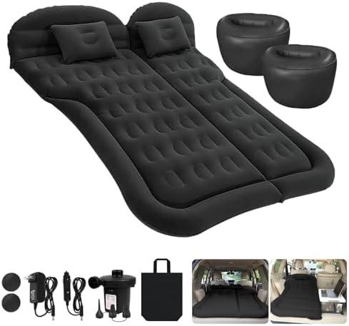 ISWEES Car Bed SUV Air Mattress, Car Air Mattress with Home Power Adapter, Electric Pump, 2 Inflatable Pillows and 2 Footrests for Back Seat, Side Seat,Trunk Sleeping, Thickened Camping Bed - Black