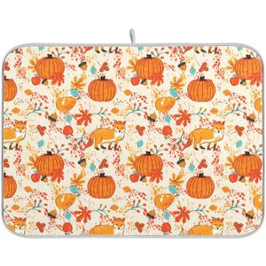 Fall Fox Dish Drying Mat for Kitchen Countertop 16x18 Autumn Chestnuts Pumpkin Berry Thanksgiving Day Small Drying Mat Reusable Quick Dry Dish Sink Mats Easy Clean Decorative Essentials