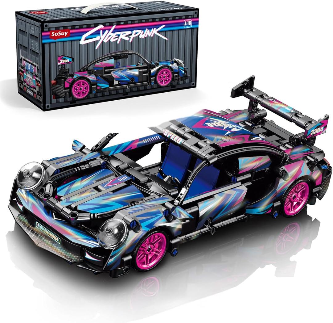 Sosuy Building-Block Race-Car Set, 1:18 Technical Model Kit 540 Pcs DIY Pull-Back Cyberpunk Toy for Boy Girl Kid Age 6+ Year, Birthday Gift for Teen Adult Display, Speed Super Sports Cars Bricks Icons