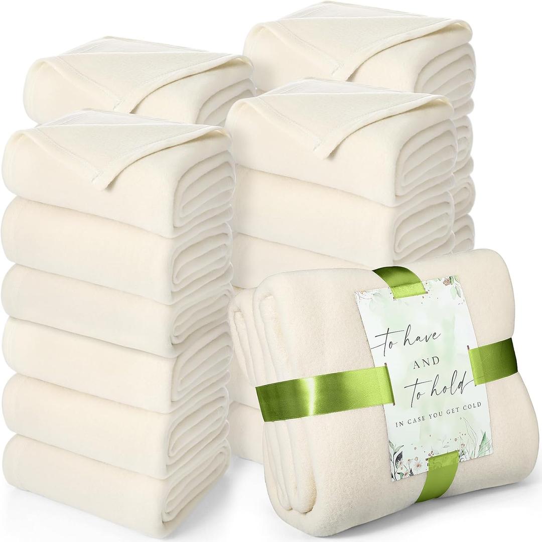 Buryeah 24 Pack Oeko-Tex Certified Wedding Flannel Throw Blanket Bulk 50 x 60 Inch Soft Fleece Lap Blanket with Thank You Cards Ribbon for Guests Sleepover Spa Slumber Gifts (Cream White)