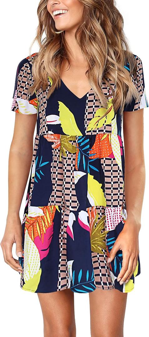 Amoretu Women Summer Tunic Dress V Neck Short Sleeve Casual Loose Flowy Swing Shift Dresses (Blue)