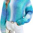 SHENHE Women's Long Sleeve Knit Sweater Top Sleeve Ombre Scoop Neck Casual Sweater Pullover Top Mint Blue Large