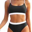 Tempt Me Women High Waisted Bikini Set Athletic Two Piece Swimsuits Sporty High Cut Bathing Suit with Scoop Neck (Large, White Black)