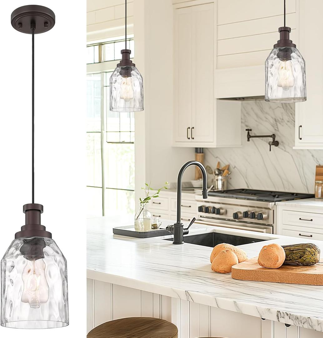 zeyu 1-Light Kitchen Hanging Light Fixture, Farmhouse Island Pendant Lighting, Water Ripple Glass Shade, Oil Rubbed Bronze Finish, ZG33M1L-L ORB-WG (6.3 Inch | 1 Pack)
