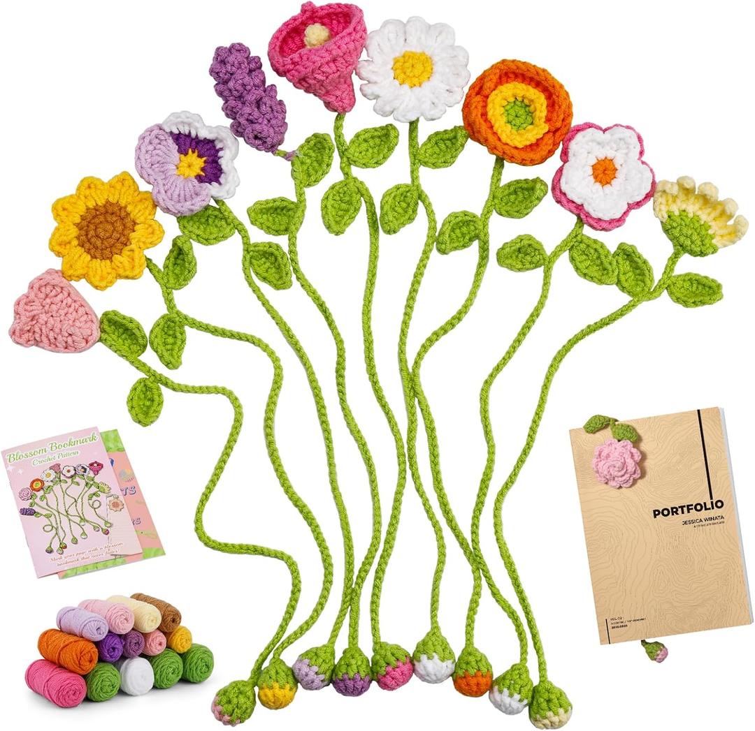 GarfxG Crochet Kit for Beginners Adults, 10 Flower Bookmarks Beginner Crochet Kit Include Knitting Yarn, Step-by-Step Video Tutorial, Hook, Holiday Birthday Christmas Gift for Friends Families