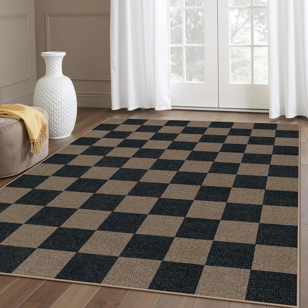 Lahome Checkered Easy Jute Living Room Rugs, 5x7 Black Dining Room Office Rug Farmhouse Washable Carpet, Checkerboard Neutral Non Slip Indoor Outdoor Carpet for Bedroom Entry Patio (5' X 7', Chocolate Brown/Checkerboard -1)