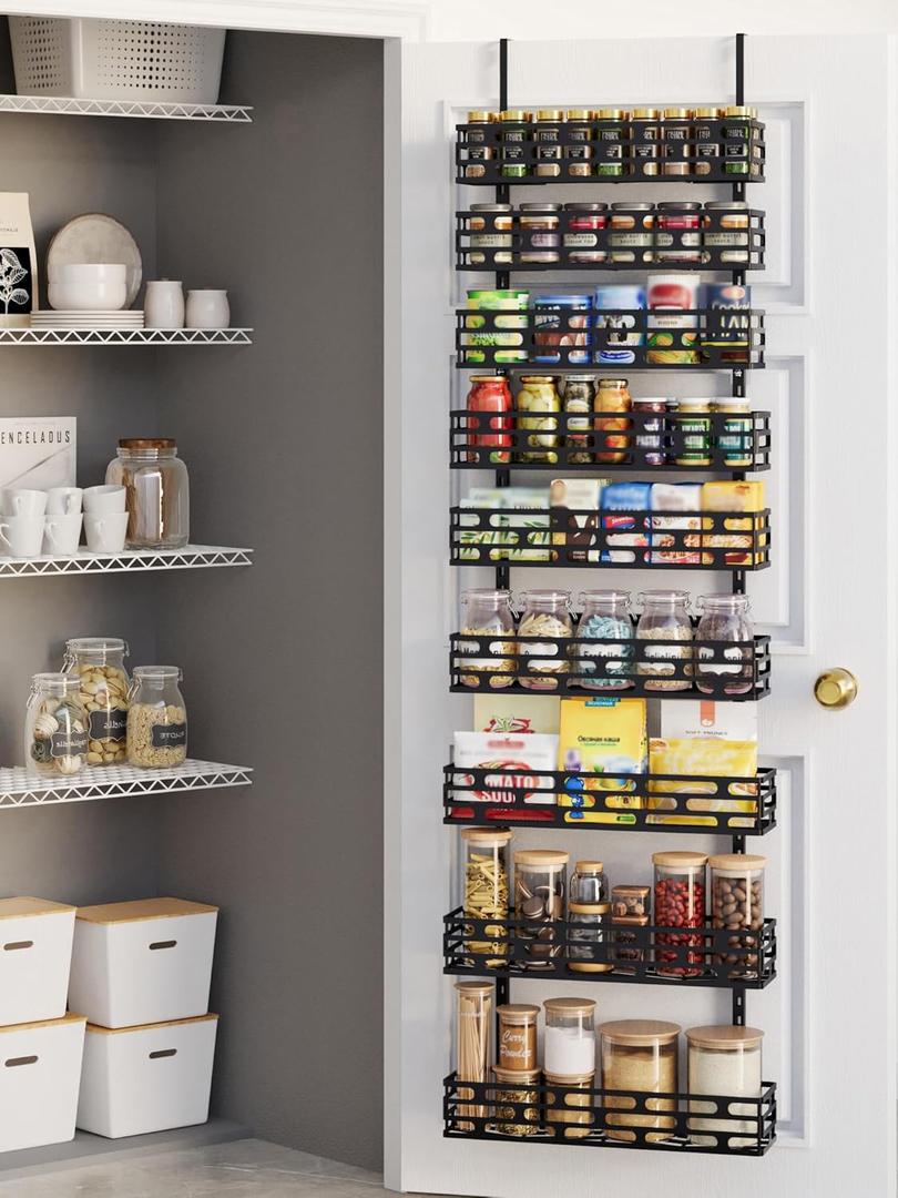 Over The Door Pantry Organizer, 9-Tier Pantry Organizers and Storage with Adjustable Basket, Hanging Spice Rack for Home & Kitchen, Laundry Room Bathroom, Black