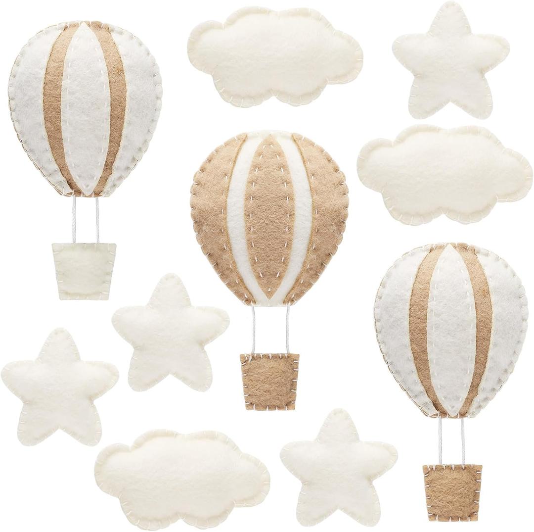 Poen 10 Pcs Star Hot Air Balloon and Cloud Nursery Decor Western Wall Decor for Bedroom Mini Felt Clouds Stars Hot Air Balloon Nursery Felt Wall for Kids Baby Bedroom (Khaki)