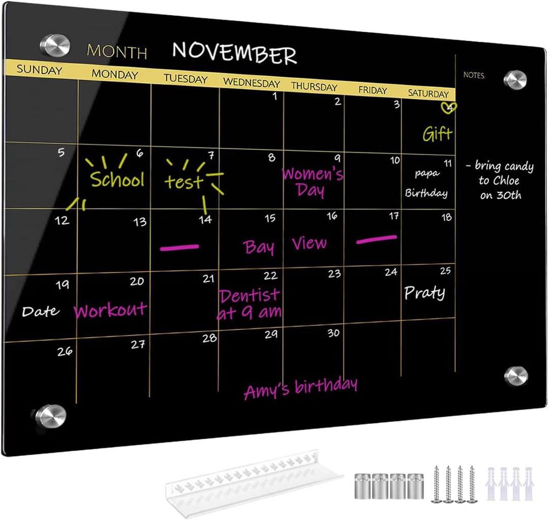 Glass Dry Erase Whiteboard, Monthly Calendar Whiteboard, 18" x 24", Frameless Glass White Board for Home, School, Office, Blace Surface(GlassA-BK-4560)