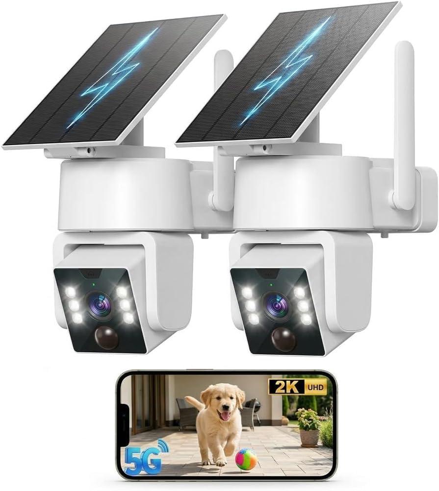 2 x 5G & 2.4G Wi-Fi Outdoor Camera Wireless,Solar Security Cameras Wireless Outdoor, 2K 360° PTZ Camera, Solar/Battery Powered, PIR Human Detection, Color Night Vision,Two-Way Voice Calling, Alexa