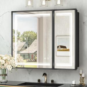 TokeShimi 30x26 Inch Black Medicine Cabinet with Lights Mirror Tempered, 3-Color Stepless Dimmable LED Mirror Medicine Cabinet Wall Mounted, LED Mirror with Storage and Defogger 2 Outlets