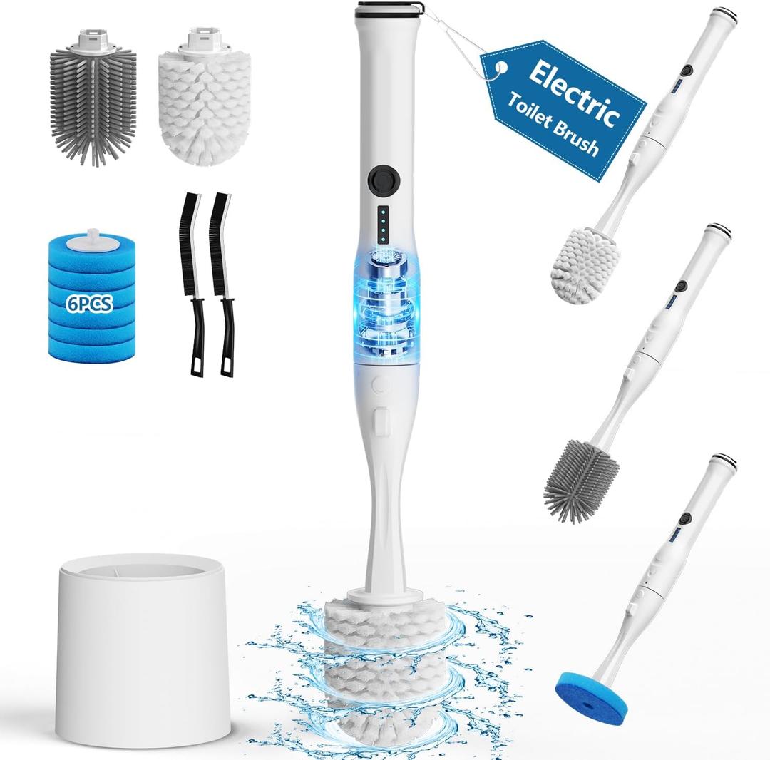 Leebein Electric Toilet Brush and Holder Set, 2025 New Toilet Bowl Scrubber Kit with 8 Replaceable Brush Heads, Disposable Toilet Brush with 6 Wand Cleaner Refills, 2 Pcs Crevice Cleaning Brush
