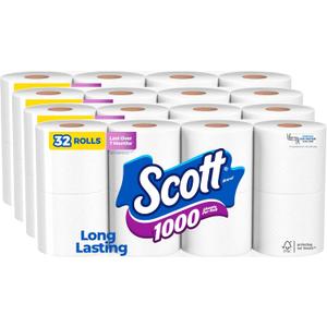 Scott 1000 Toilet Paper, 32 Rolls, Septic-Safe, 1-Ply Toilet Tissue